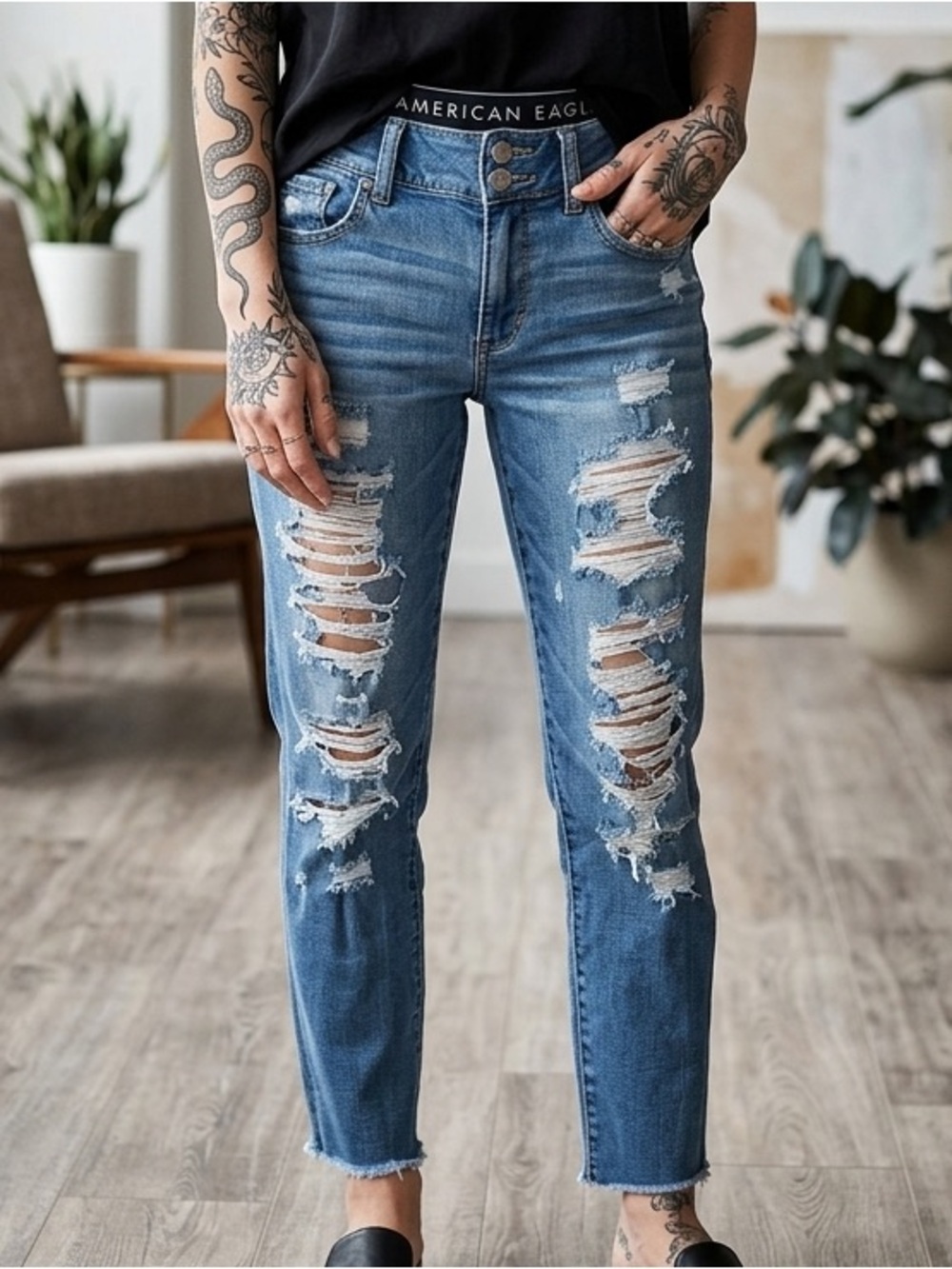 American Eagle Outfitters Distressed Light Blue Straight Leg Jeans